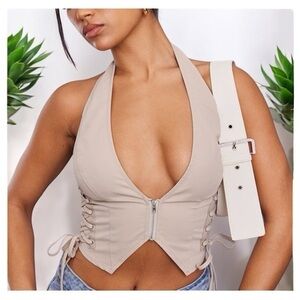 Pretty Little Thing- Stone Cargo Lace Up Side Zip Up Crop Top XS/2